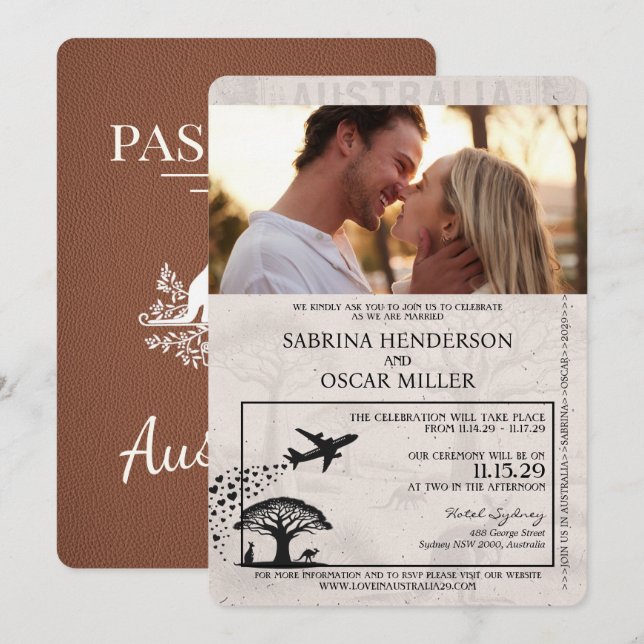Brown Australia Passport Wedding Invitation (Front/Back)