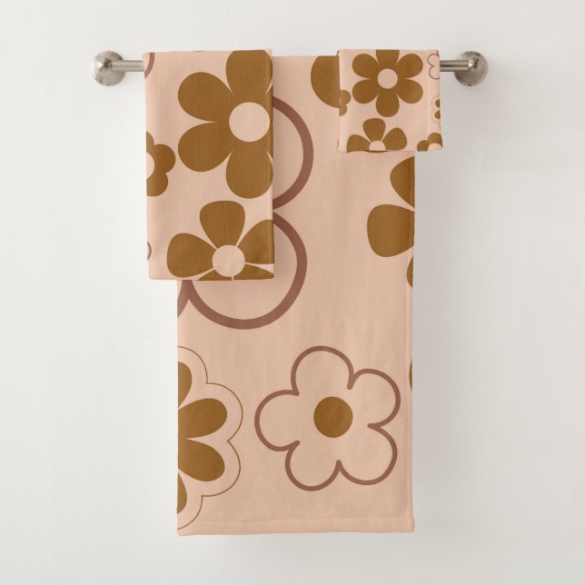 Brown Autumn Retro Y2K Hippie Flower Pattern Bath Towel Set (Insitu)