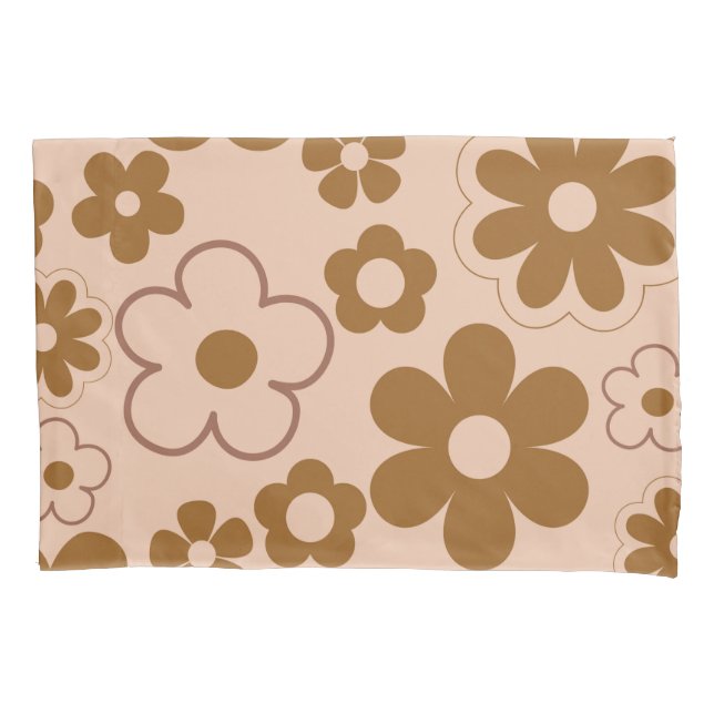 Brown Autumn Retro Y2K Hippie Flower Pattern Pillowcase (Front)