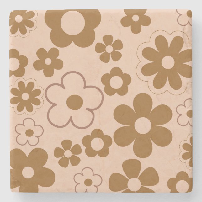 Brown Autumn Retro Y2K Hippie Flower Pattern Stone Coaster (Front)