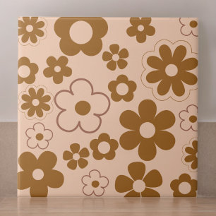 Brown Autumn Retro Y2K Hippie Flower Pattern Tile