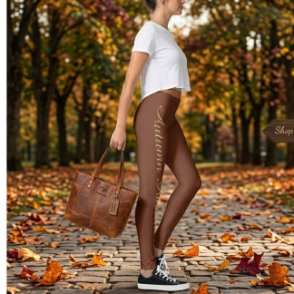 Brown Autumn Typography Leggings – Minimalist Fall