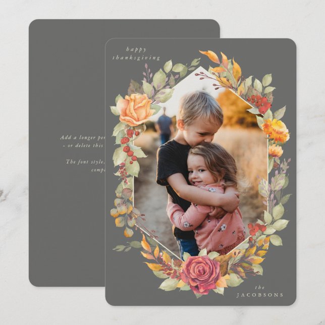 Brown Autumnal Florals Thanksgiving Photo Card (Front/Back)