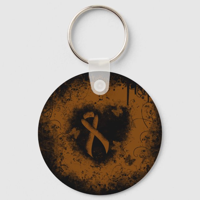 Brown Awareness Ribbon Grunge Heart Key Ring (Front)