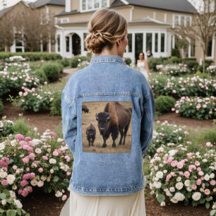 Brown Baby Bison With Mum, Denim Jacket
