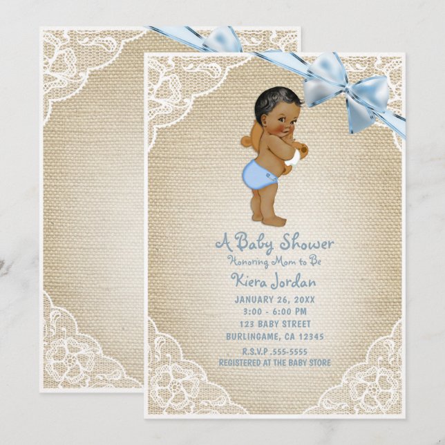 Brown Baby Boy Bear & Blue Bow Burlap Baby Shower Invitation (Front/Back)