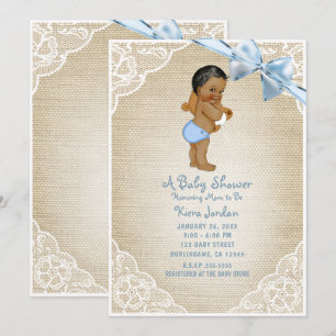 Brown Baby Boy Bear & Blue Bow Burlap Baby Shower Invitation