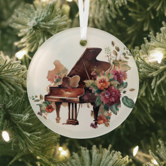 Brown Baby Grand Piano Watercolor Glass Tree Decoration