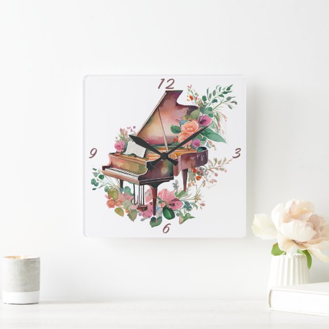 Brown Baby Grand Piano Watercolor Square Wall Clock (Home)