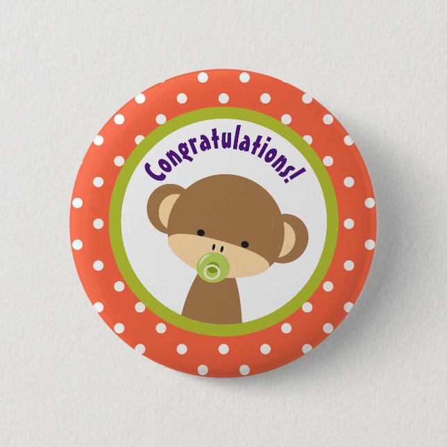 Brown Baby Monkey with Pacifier Congratulations 6 Cm Round Badge (Front)