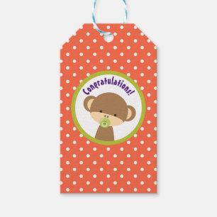 Brown Baby Monkey with Pacifier Congratulations Gift Tags
