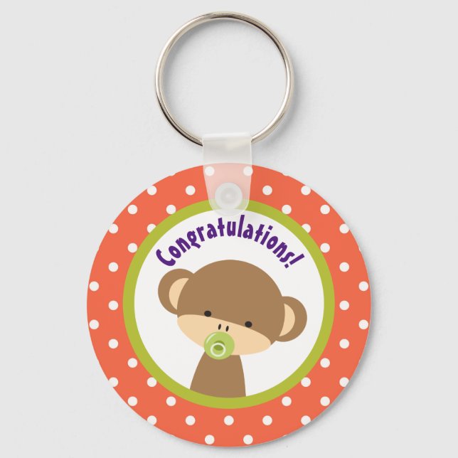 Brown Baby Monkey with Pacifier Congratulations Key Ring (Front)