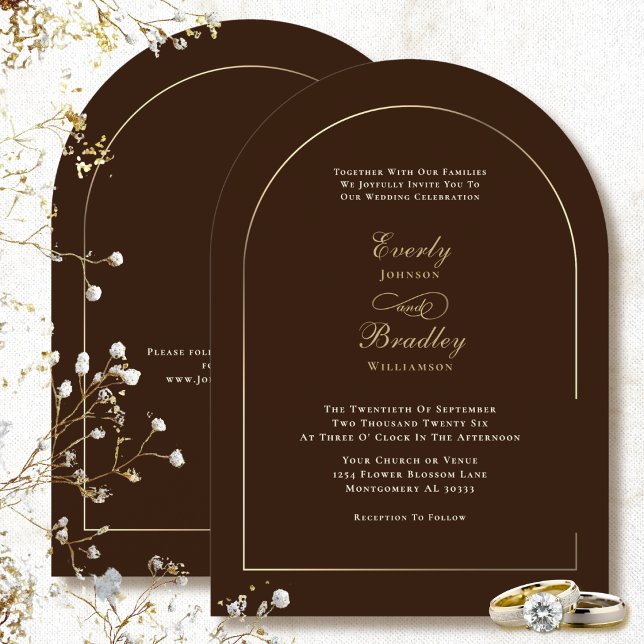 Brown Background Gold Arch Minimal Elegant Wedding Invitation (Creator Uploaded)
