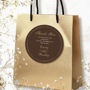 Brown Background Warm Beige Gold Script Thank You Classic Round Sticker