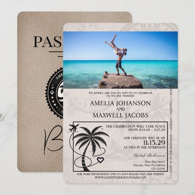 Brown Bahamas Passport Wedding Invitation (Front/Back)