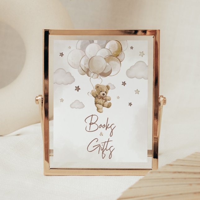 Brown Balloon Bear Baby Shower Books and Gifts Poster (Gender Neutral Bear Balloon Baby Shower Books and Gifts Sign)