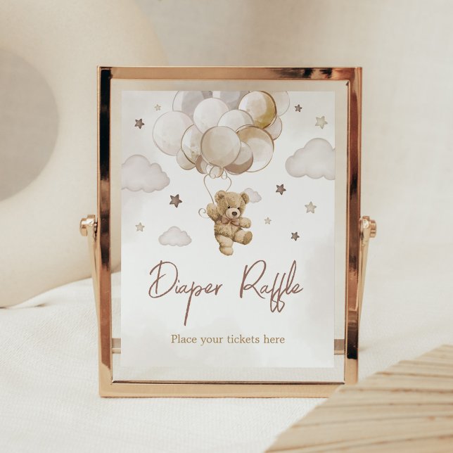Brown Balloon Bear Baby Shower Diaper Raffle Poster (Gender Neutral Bear Balloon Baby Shower Diaper Raffle Sign)