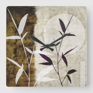 Brown Bamboo Moon Fall Leaves Square Wall Clock
