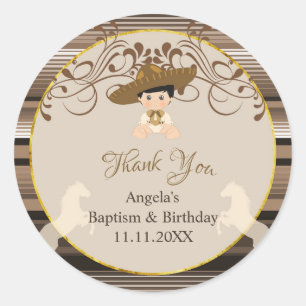 Brown Baptism First Birthday Thank You Sticker
