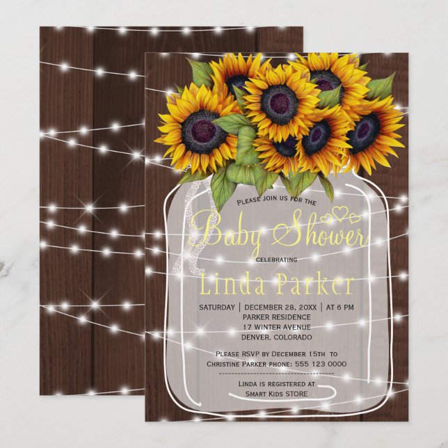 Brown barn wood rustic mason jar baby shower invitation (Front/Back)