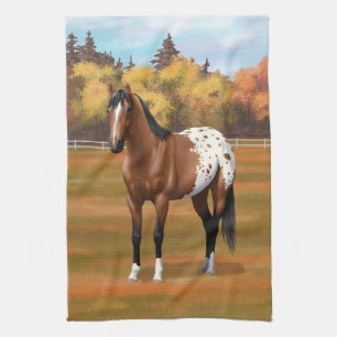 Brown Bay Appaloosa Horse in Autumn Pasture Tea Towel