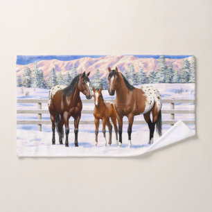 Brown Bay Appaloosa Horses In Snow Bath Towel Set