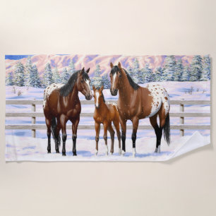 Brown Bay Appaloosa Horses In Snow Beach Towel