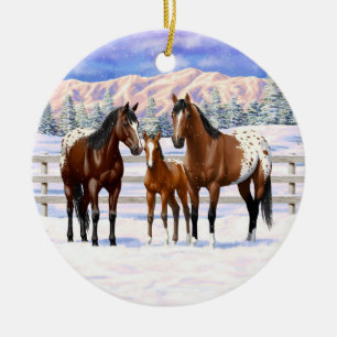 Brown Bay Appaloosa Horses In Snow Ceramic Tree Decoration