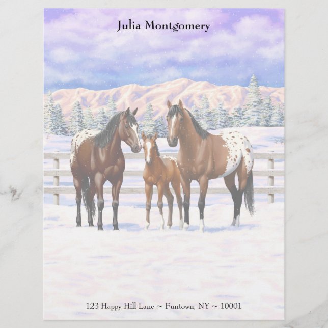 Brown Bay Appaloosa Horses In Snow Custom Letterhead (Front)