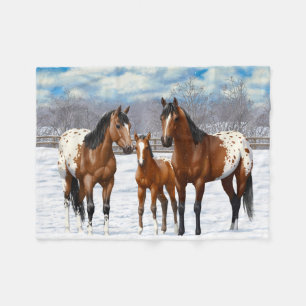 Brown Bay Appaloosa Horses In Snow Fleece Blanket