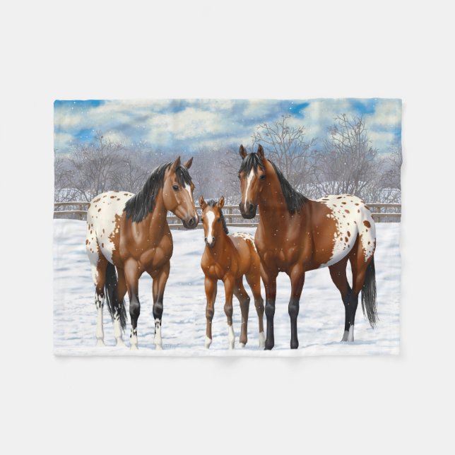 Brown Bay Appaloosa Horses In Snow Fleece Blanket (Front (Horizontal))