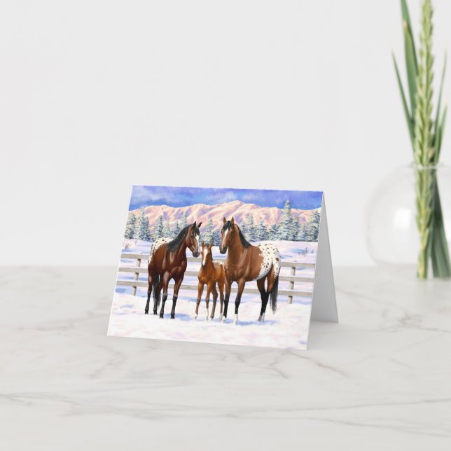 Brown Bay Appaloosa Horses In Snow Holiday Card (Front)