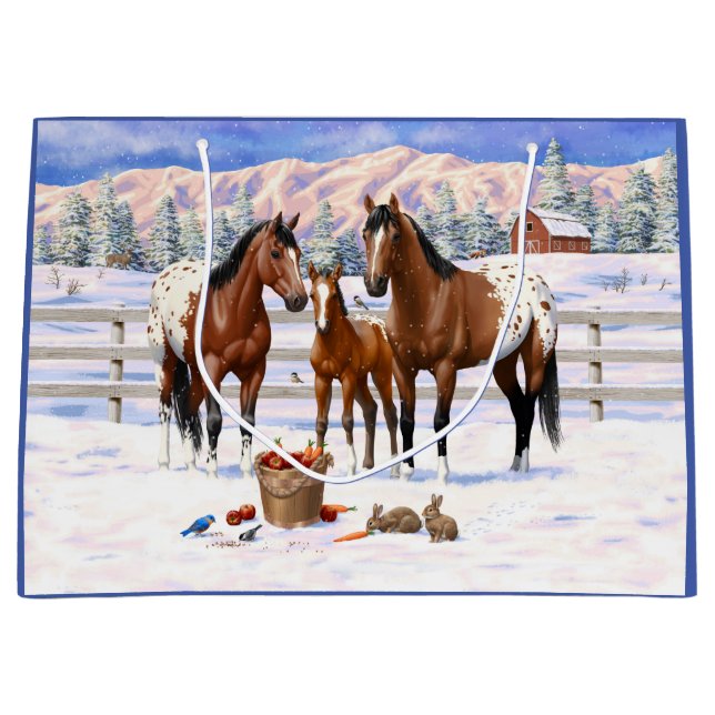 Brown Bay Appaloosa Horses In Snow Large Gift Bag (Front)