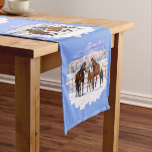 Brown Bay Appaloosa Horses In Snow Medium Table Runner