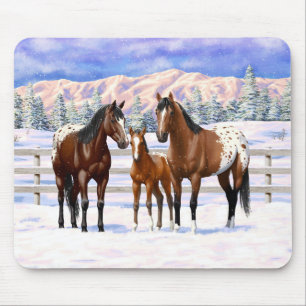 Brown Bay Appaloosa Horses In Snow Mouse Mat