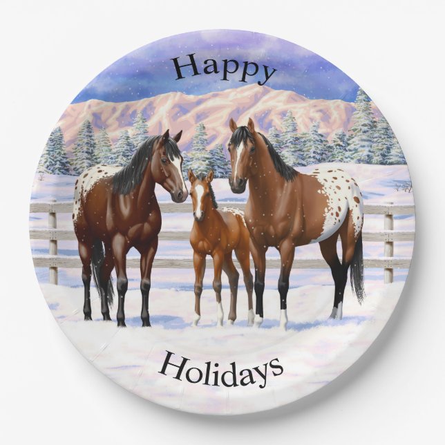 Brown Bay Appaloosa Horses In Snow Paper Plate (Front)