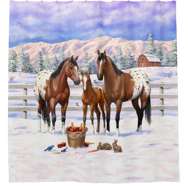 Brown Bay Appaloosa Horses In Snow Shower Curtain (Front)