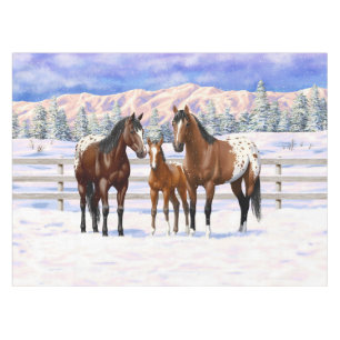 Brown Bay Appaloosa Horses In Snow Tablecloth