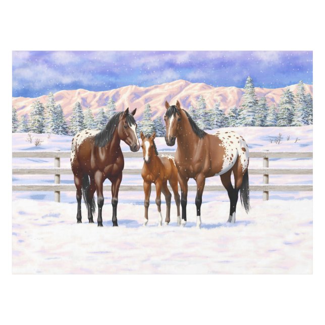 Brown Bay Appaloosa Horses In Snow Tablecloth (Front (Horizontal))