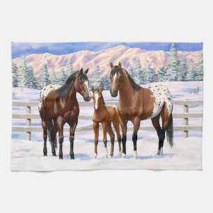 Brown Bay Appaloosa Horses In Snow Tea Towel