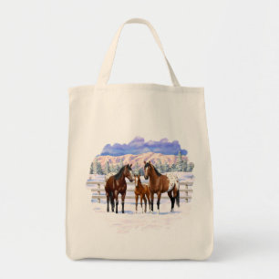 Brown Bay Appaloosa Horses In Snow Tote Bag