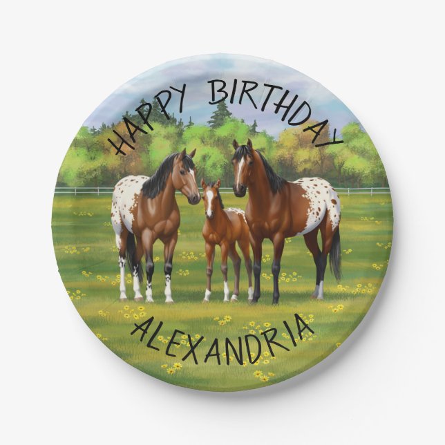 Brown Bay Appaloosa Horses In Summer Pasture Paper Plate (Front)