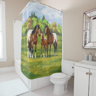 Brown Bay Appaloosa Horses In Summer Pasture Shower Curtain
