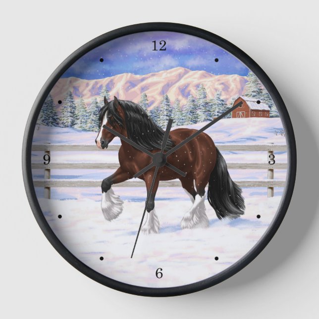 Brown Bay Gypsy Vanner Draft Horse In Snow Clock (Front)