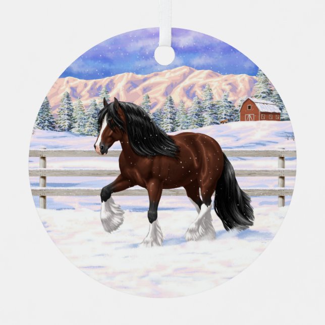 Brown Bay Gypsy Vanner Draft Horse In Snow Metal Tree Decoration (Front)