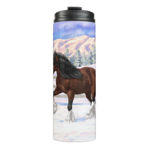 Brown Bay Gypsy Vanner Draft Horse In Snow Thermal Tumbler
