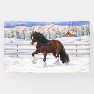Brown Bay Gypsy Vanner Draught Horse In Snow Banner