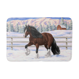 Brown Bay Gypsy Vanner Draught Horse In Snow Bath Mat