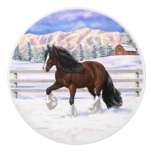Brown Bay Gypsy Vanner Draught Horse In Snow Ceramic Knob