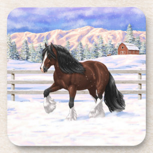 Brown Bay Gypsy Vanner Draught Horse In Snow Coaster
